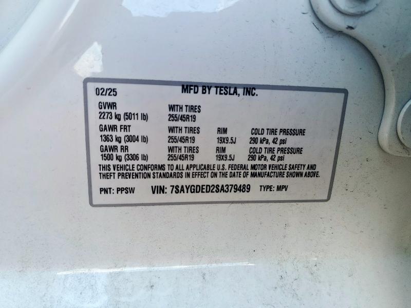 7SAYGDED2SA379489 - 2025 TESLA MODEL Y WHITE photo 12