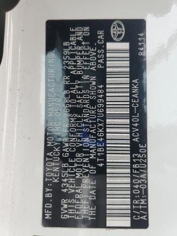 4T1BE46KX7U699484 - 2007 TOYOTA CAMRY CE WHITE photo 12