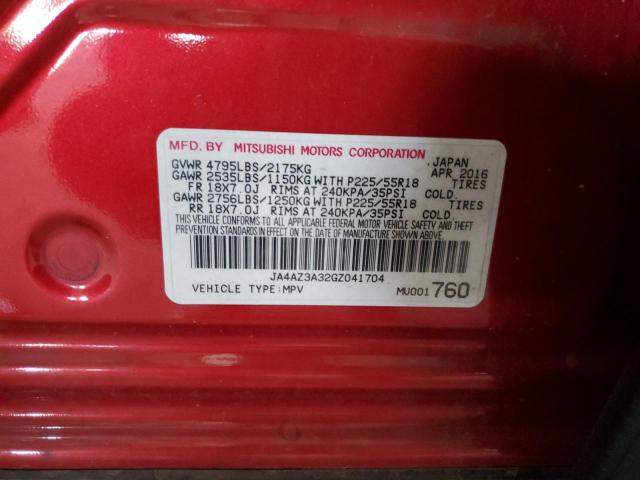 JA4AZ3A32GZ041704 - 2016 MITSUBISHI OUTLANDER SE RED photo 12