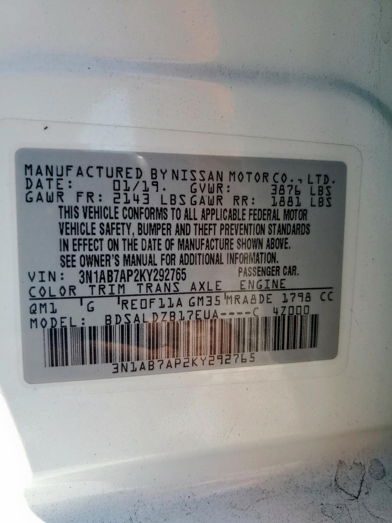 3N1AB7AP2KY292765 - 2019 NISSAN SENTRA S 白色 照片 12