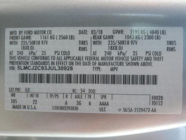 5LMCJ2C93JUL30928 - 2018 LINCOLN MKC SELECT فضي صورة 13