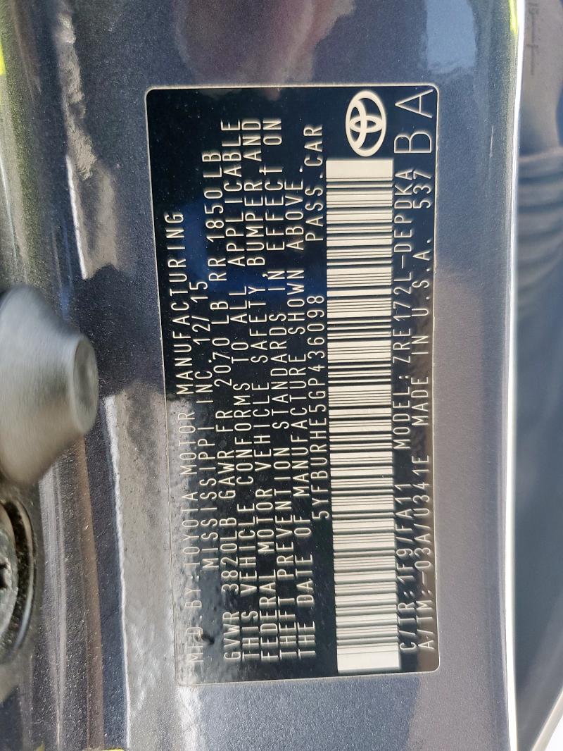 5YFBURHE5GP436098 - 2016 TOYOTA COROLLA L გრაფიტი ფოტო 12