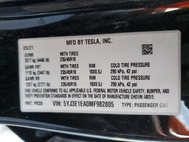 5YJ3E1EA0MF982805 - 2021 TESLA MODEL 3 BLACK photo 12