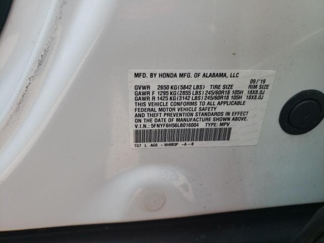 5FNYF6H56LB016004 - 2020 HONDA PILOT EXL WHITE photo 13