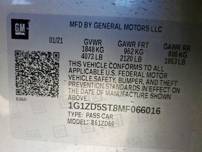 1G1ZD5ST8MF066016 - 2021 CHEVROLET MALIBU LT SILVER photo 13