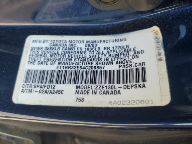 2T1BR32E84C208857 - 2004 TOYOTA COROLLA CE BLUE photo 12