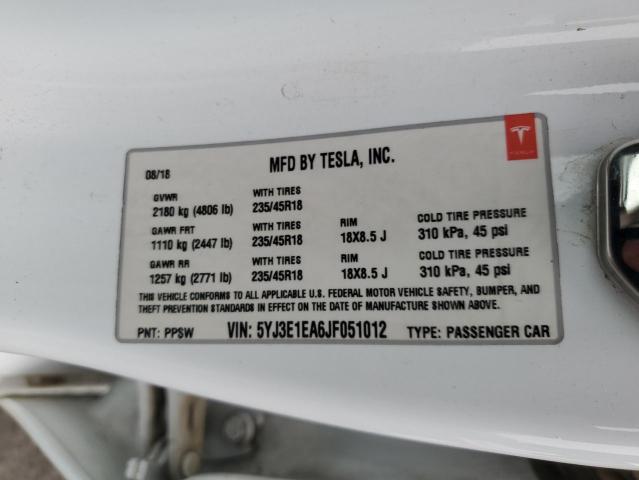 5YJ3E1EA6JF051012 - 2018 TESLA MODEL 3 白色 照片 12