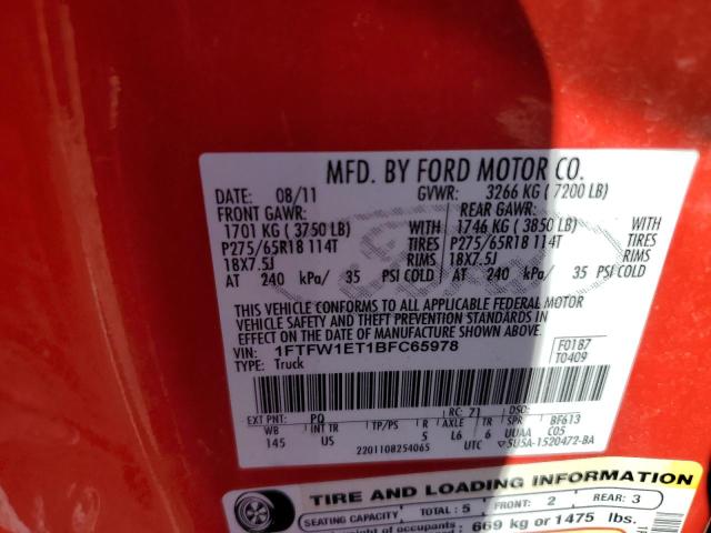 1FTFW1ET1BFC65978 - 2011 FORD F150 SUPERCREW RED photo 12