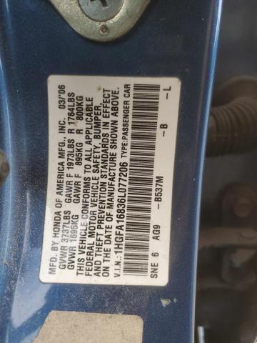1HGFA16836L077206 - 2006 HONDA CIVIC EX ლურჯი ფოტო 12