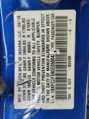 19XFC2F59GE050042 - 2016 HONDA CIVIC LX BLUE photo 12