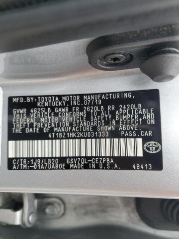 4T1BZ1HK2KU031333 - 2019 TOYOTA CAMRY XSE SILVER photo 12