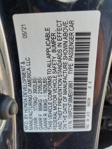 19XFC1F38ME013861 - 2021 HONDA CIVIC EX BLUE photo 12