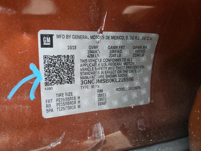 3GNCJMSB0KL216556 - 2019 CHEVROLET TRAX PREMIER ORANGE photo 13