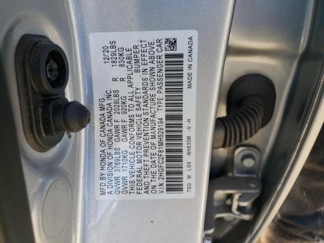 2HGFC2F81MH529194 - 2021 HONDA CIVIC SPORT 银色 照片 12