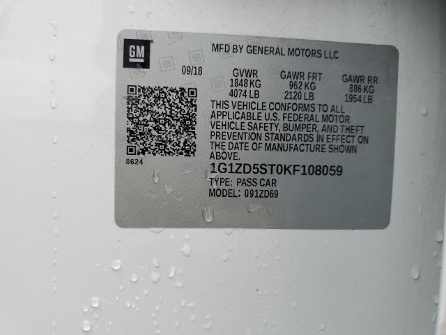 1G1ZD5ST0KF108059 - 2019 CHEVROLET MALIBU LT თეთრი ფოტო 12