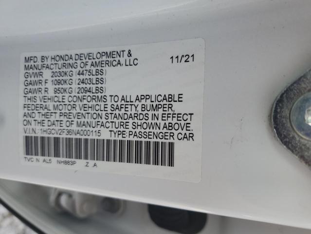 1HGCV2F36NA000115 - 2022 HONDA ACCORD SPORT თეთრი ფოტო 12