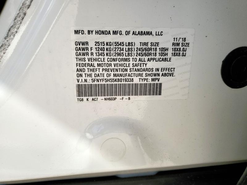 5FNYF5H55KB019338 - 2019 HONDA PILOT EXL أبيض صورة 13