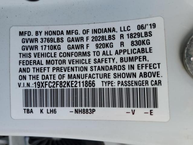 19XFC2F82KE211866 - 2019 HONDA CIVIC SPORT WHITE photo 12