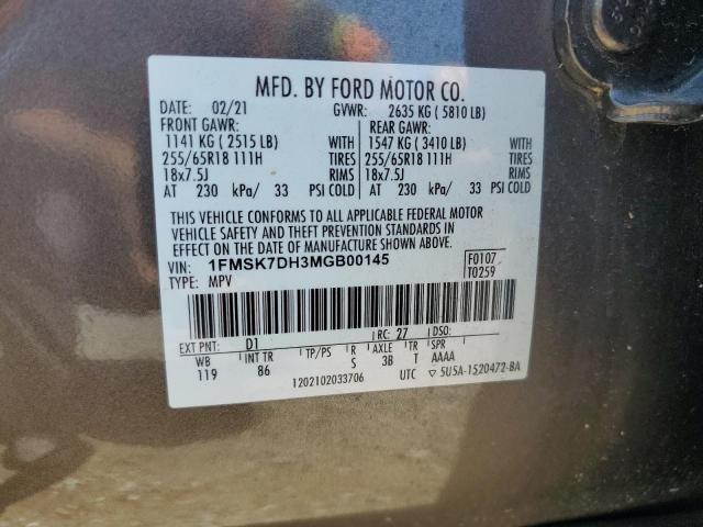 1FMSK7DH3MGB00145 - 2021 FORD EXPLORER XLT თაფლისფერი ფოტო 13