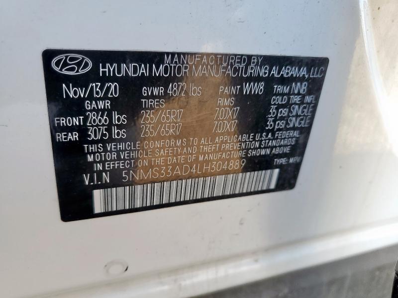 5NMS33AD4LH304889 - 2020 HYUNDAI SANTA FE SEL Белый фото 12