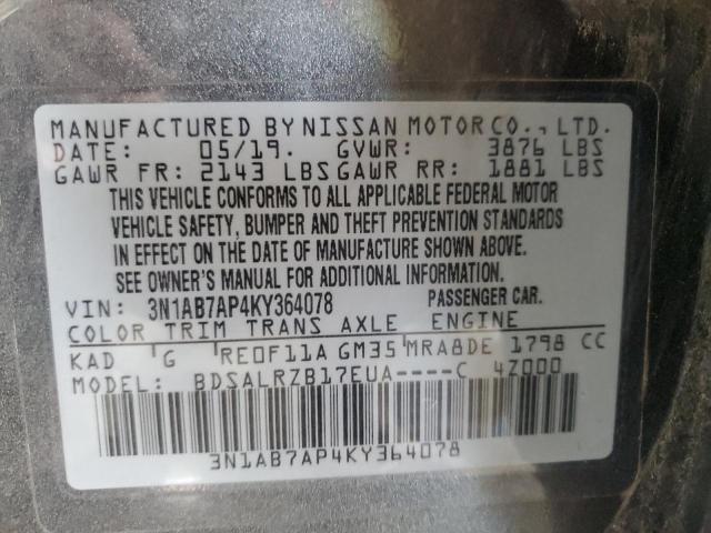 3N1AB7AP4KY364078 - 2019 NISSAN SENTRA S 灰色 照片 13