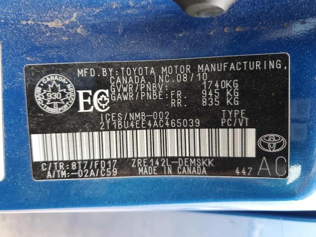 2T1BU4EE4AC465039 - 2010 TOYOTA COROLLA BASE Mavi foto 12