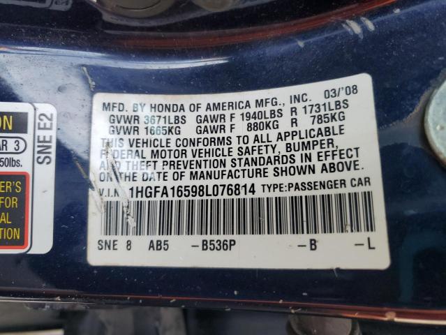 1HGFA16598L076814 - 2008 HONDA CIVIC LX BLUE photo 12