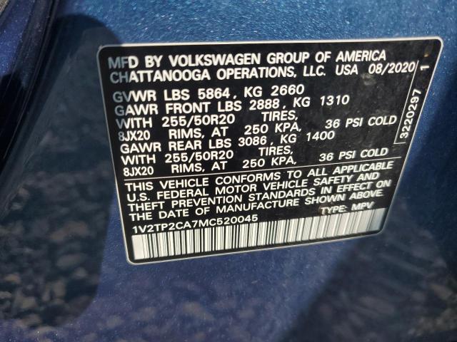 1V2TP2CA7MC520045 - 2021 VOLKSWAGEN ATLAS SEL PREMIUM Mavi fotoğraf 12