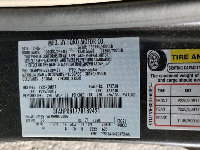 3FAHP08177R189421 - 2007 FORD FUSION SEL GRAY photo 12