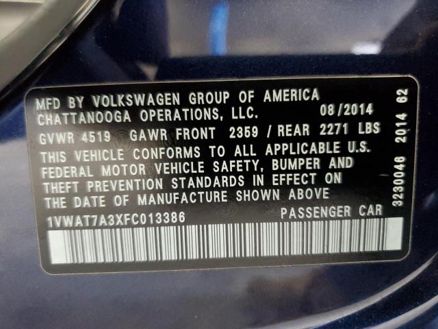 1VWAT7A3XFC013386 - 2015 VOLKSWAGEN PASSAT S BLUE photo 12