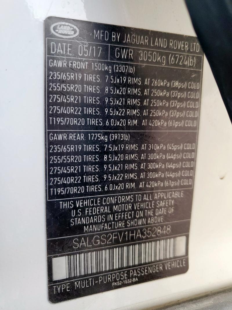 SALGS2FV1HA352848 - 2017 LAND ROVER RANGE ROVE HSE WHITE photo 14