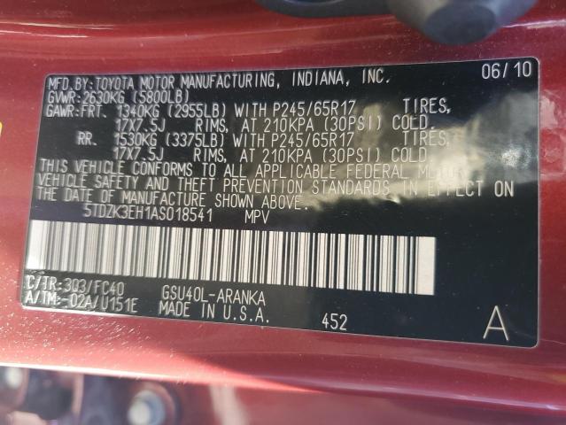 5TDZK3EH1AS018541 - 2010 TOYOTA HIGHLANDER RED photo 13
