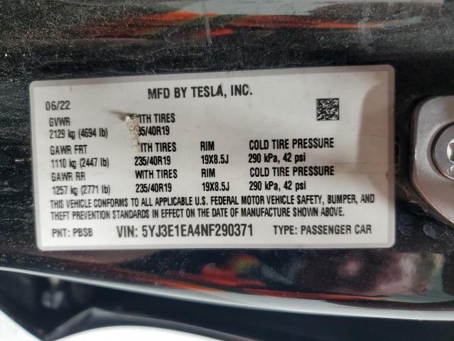 5YJ3E1EA4NF290371 - 2022 TESLA MODEL 3 BLACK photo 12