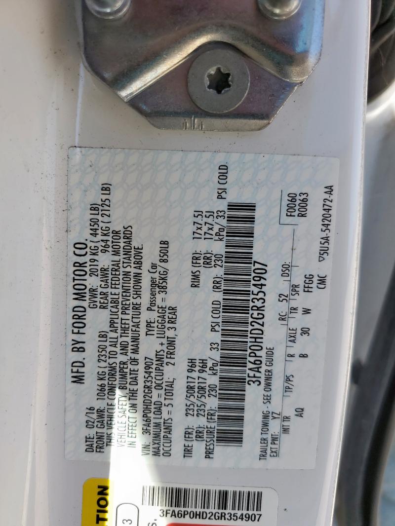 3FA6P0HD2GR354907 - 2016 FORD FUSION SE WHITE photo 12