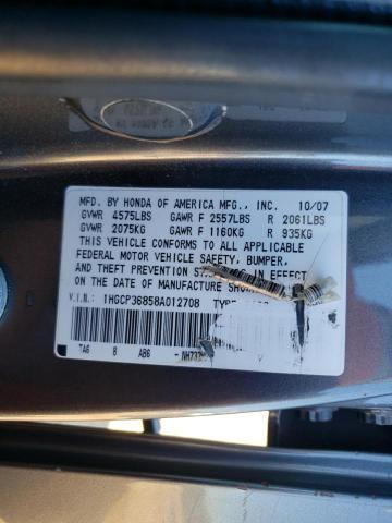 1HGCP36858A012708 - 2008 HONDA ACCORD EXL GRAY photo 12
