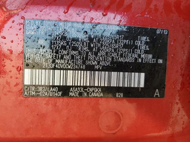 2T3DF4DV0CW234748 - 2012 TOYOTA RAV4 LIMITED RED photo 12