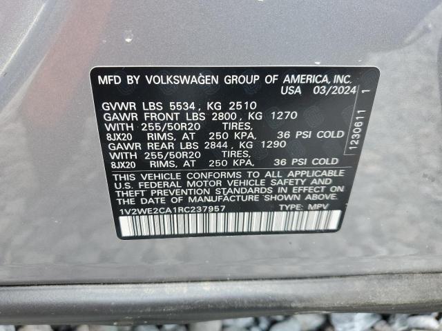 1V2WE2CA1RC237957 - 2024 VOLKSWAGEN ATLAS CROS SE Szary zdjęcie 13
