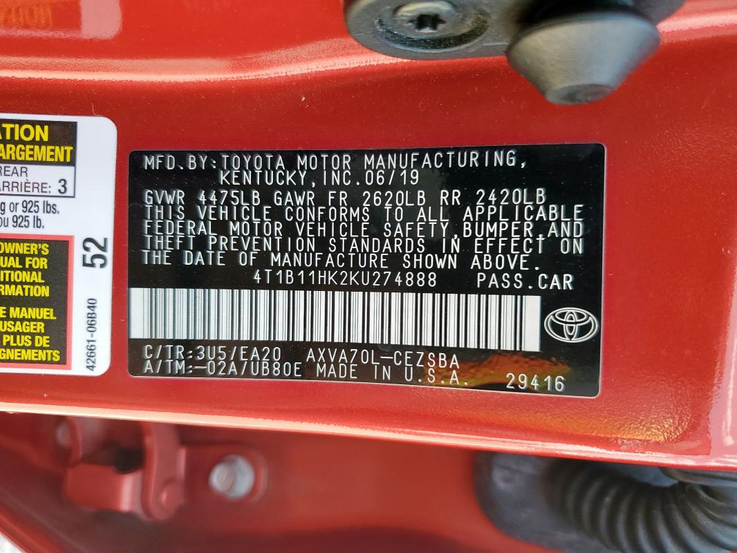 4T1B11HK2KU274888 - 2019 TOYOTA CAMRY L RED photo 13
