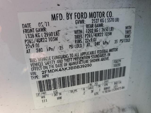 2FMDK4AK3BBB39250 - 2011 FORD EDGE SPORT 白色 照片 14