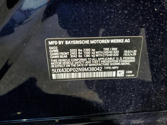 5UX43DP02N9M38042 - 2022 BMW X3 SDRIVE30I BLUE photo 13