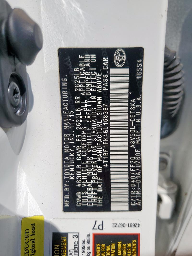 4T1BF1FK4GU168387 - 2016 TOYOTA CAMRY LE 白色 照片 12