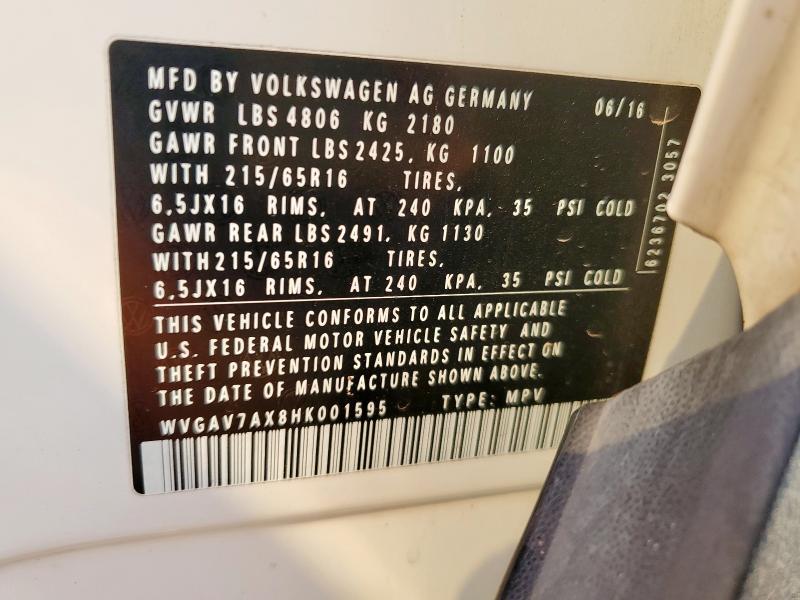 WVGAV7AX8HK001595 - 2017 VOLKSWAGEN TIGUAN S WHITE photo 13