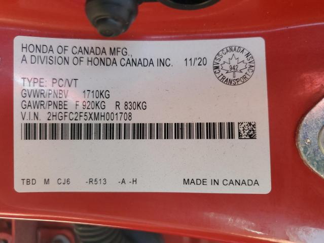 2HGFC2F5XMH001708 - 2021 HONDA CIVIC LX RED photo 12