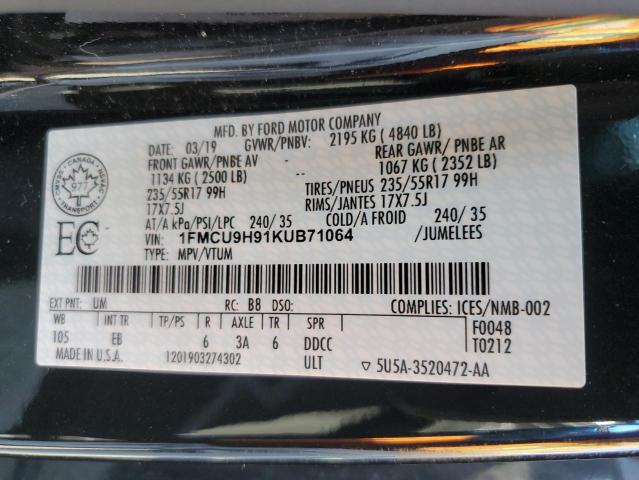 1FMCU9H91KUB71064 - 2019 FORD ESCAPE SEL შავი ფოტო 13