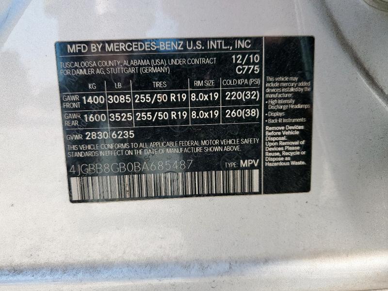 4JGBB8GB0BA685487 - 2011 MERCEDES-BENZ ML 350 4MATIC SILVER photo 13