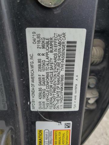 1HGCV1F49KA078600 - 2019 HONDA ACCORD EX ნაცრისფერი ფოტო 12