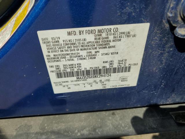 MAJ3S2GE0KC294124 - 2019 FORD ECOSPORT SE Niebieski zdjęcie 12