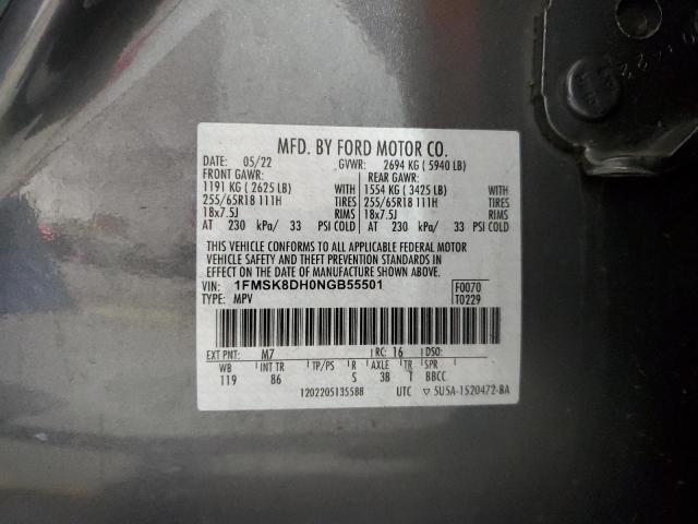 1FMSK8DH0NGB55501 - 2022 FORD EXPLORER XLT 灰色 照片 14