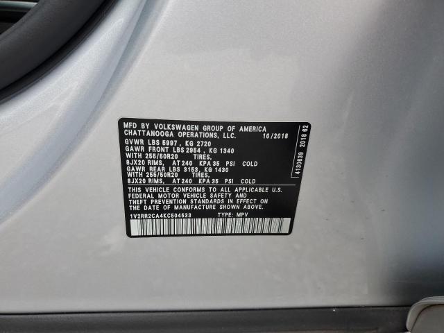 1V2RR2CA4KC504533 - 2019 VOLKSWAGEN ATLAS SEL SILVER photo 13