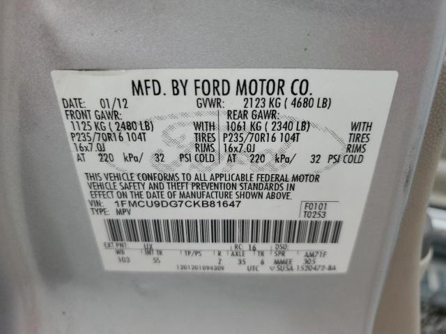 1FMCU9DG7CKB81647 - 2012 FORD ESCAPE XLT Серый фото 12